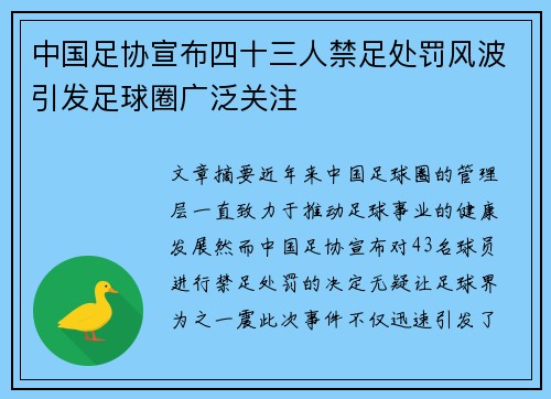 中国足协宣布四十三人禁足处罚风波引发足球圈广泛关注